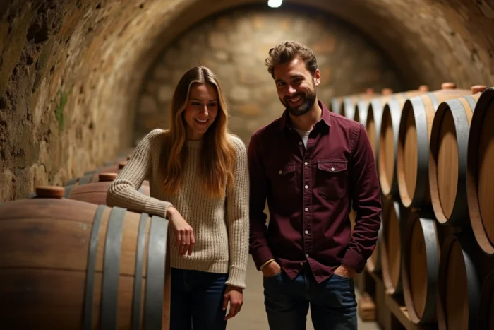 Couple découvrant une cave viticole alsacienne avec des fûts en chêne et des bouteilles de vin sur la Route des Vins d'Alsace