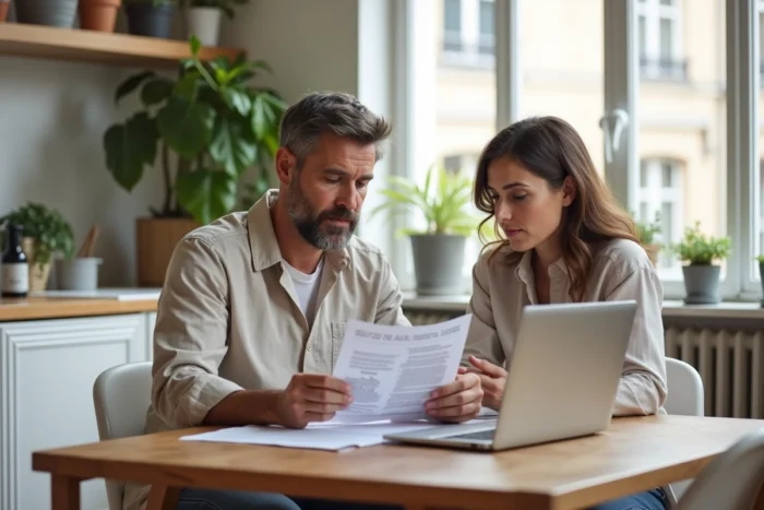Couple étudiant des documents d'investissement immobilier dans un appartement contemporain parisien