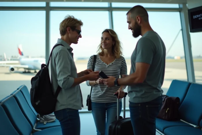 Couple présentant un passeport à une agente de la compagnie aérienne à la porte d'embarquement d'un aéroport