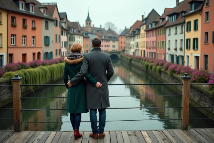 Couple romantique sur un pont de la Petite Venise de Colmar avec les reflets des maisons colorées à colombages dans le canal