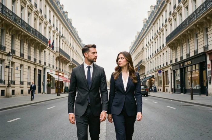 Un couple politique marchant dans une rue parisienne sous les regards, évoquant les rumeurs et controverses médiatiques autour de Benalla et Bergé