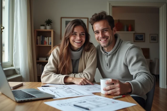 Couple étudiant des plans immobiliers et comparant des offres sur un ordinateur portable chez eux