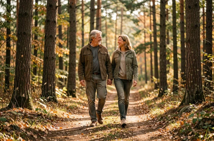 Couple en retraite anticipée profitant d'une promenade en forêt, symbole de liberté et de bien-être après le départ à la retraite