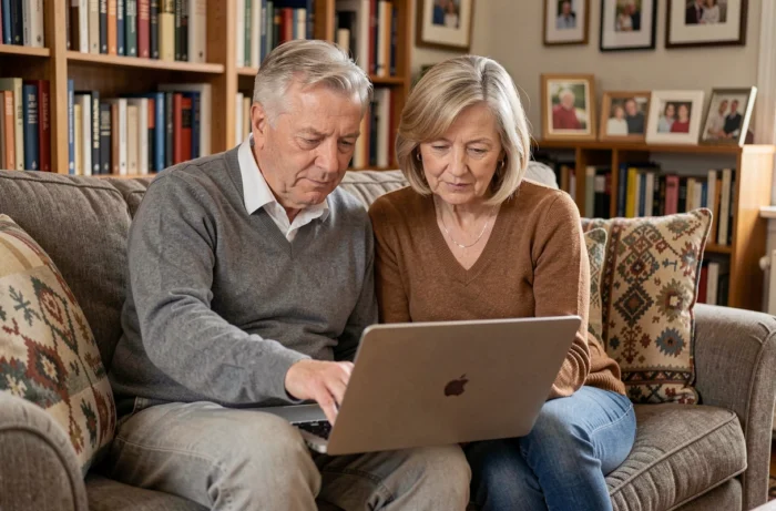 Couple de seniors comparant des offres de mutuelle santé sur un ordinateur portable dans leur salon