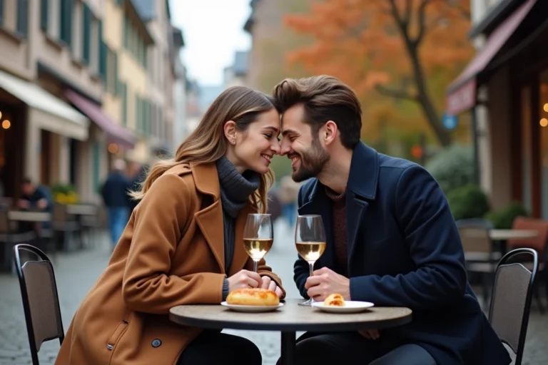 Couple amoureux en terrasse de café à Strasbourg avec du vin blanc alsacien et une tarte flambée, façades à colombages en arrière-plan en automne