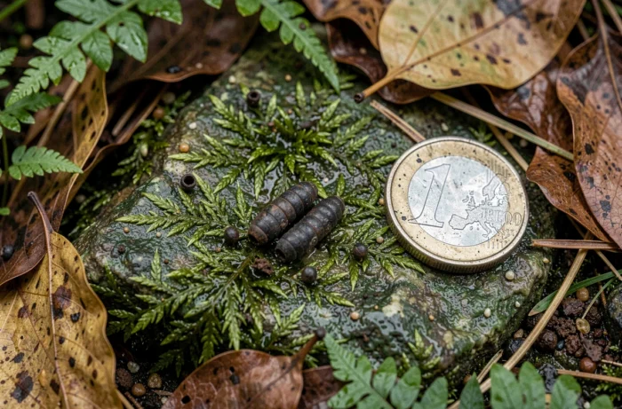 Gros plan macro sur des crottes de salamandre sur un rocher moussu en forêt, entourées de feuilles mortes et de fougères, avec une pièce pour l'échelle