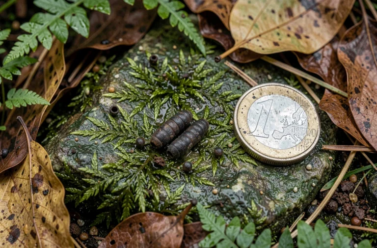 Gros plan macro sur des crottes de salamandre sur un rocher moussu en forêt, entourées de feuilles mortes et de fougères, avec une pièce pour l'échelle
