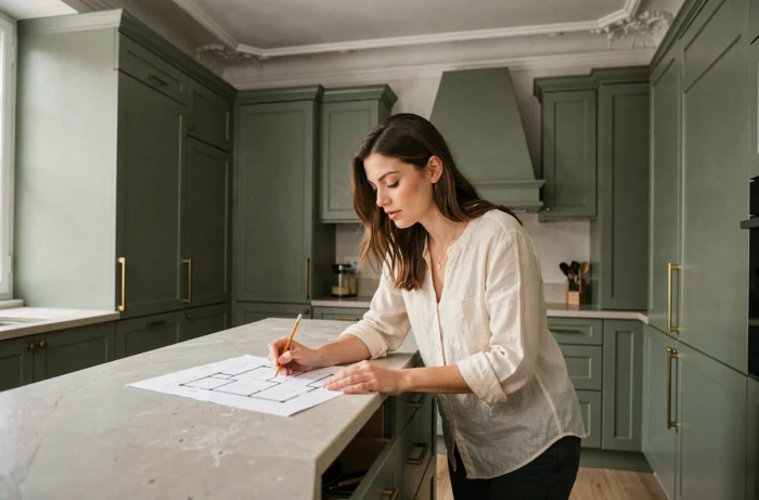 Cuisine compacte d'appartement haussmannien optimisée avec rangements intégrés et femme consultant un plan d'aménagement
