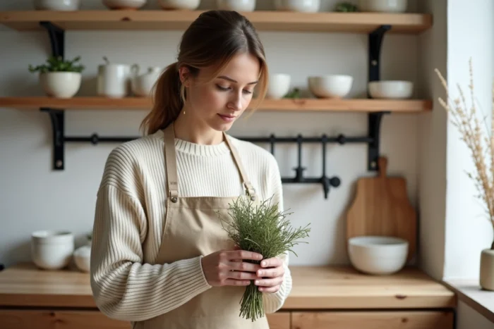 Femme arrangeant des herbes séchées et poteries artisanales dans une cuisine scandinave avec étagères en bois ouvertes et plan de travail en bois massif