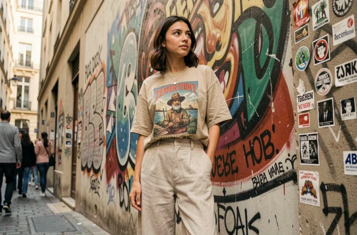 Jeune femme en tenue streetwear vintage devant un mural urbain coloré dans une ruelle parisienne