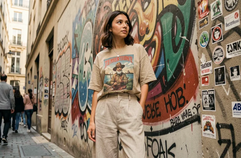 Jeune femme en tenue streetwear vintage devant un mural urbain coloré dans une ruelle parisienne