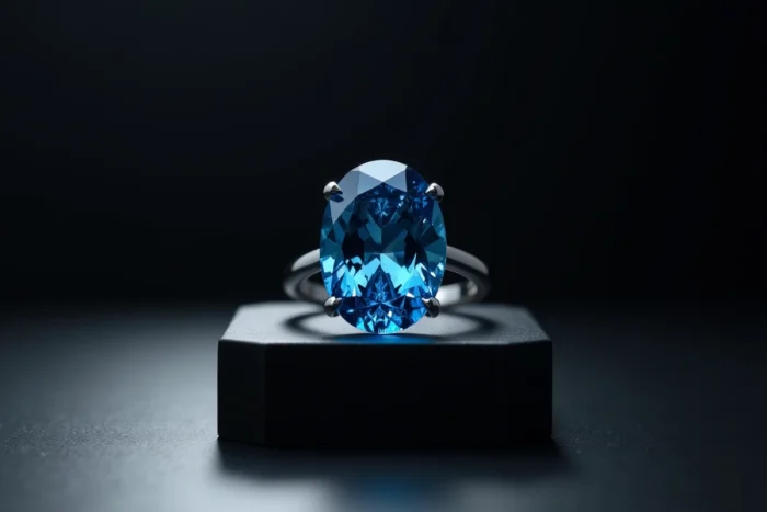 De Beers Millennium Jewel 4, bague solitaire avec diamant bleu ovale vivid en platine sur support noir mat