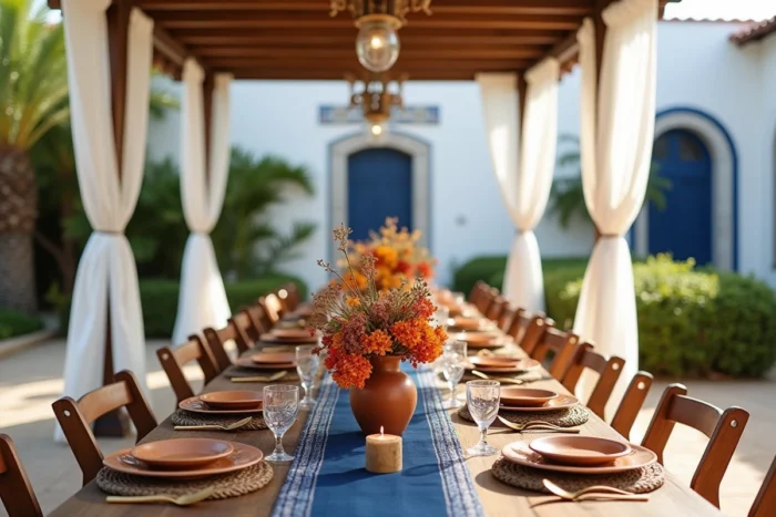 Table de réception de mariage décorée à la manière capverdienne avec des fleurs tropicales et des tissus artisanaux traditionnels
