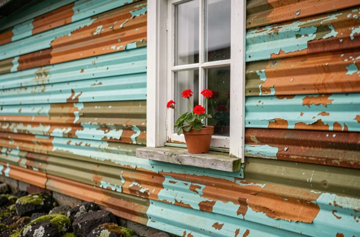 Détail de façade en tôle ondulée turquoise d'une maison islandaise avec peintures écaillées révélant des couches de couleurs anciennes