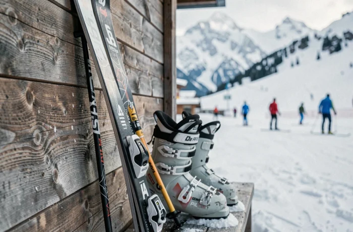 Skis et chaussures de location appuyés contre un chalet en bois aux 2 Alpes avec le panorama alpin en arrière-plan flou