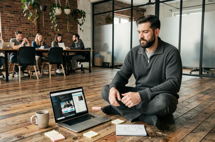 Développeur web indépendant travaillant sur une interface de site internet dans un espace de co-working collaboratif