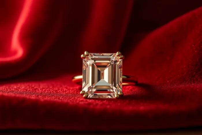 Diamant Krupp d'Elizabeth Taylor, bague cocktail avec diamant taille Asscher en or jaune sur velours rouge profond