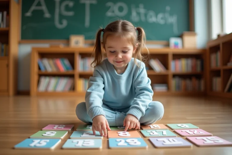 Jeune fille apprenant l'alphabet numéroté de 1 à 26 avec des cartes colorées sur le sol d'une salle de classe