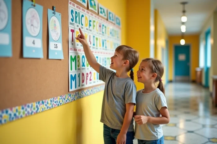 Deux enfants interagissant avec un tableau mural de l'alphabet numéroté de 1 à 26 dans un couloir d'école primaire