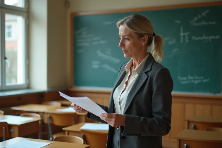 Enseignante dans une salle de classe vide consultant des documents liés au pacte enseignant 2026