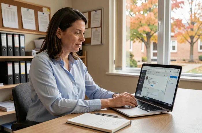 Enseignante résolvant un problème de webmail AC Nantes sur son ordinateur portable dans un bureau administratif scolaire