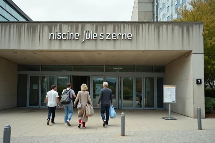 Entrée extérieure de la piscine Jules Verne à Nantes avec des nageurs adultes se rendant aux séances de natation