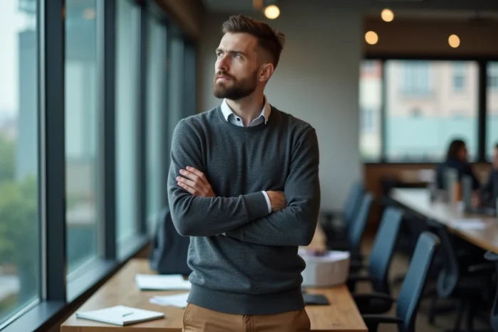 Entrepreneur masculin réfléchissant aux dispositifs d'aides à la création d'entreprise dans un espace de coworking