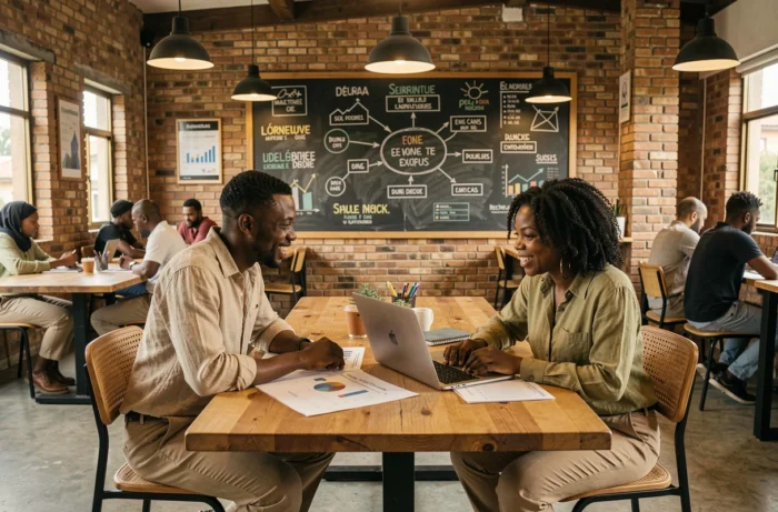 Deux entrepreneurs ivoiriens discutant de stratégie business autour d'un ordinateur portable dans un espace de co-working à Abidjan