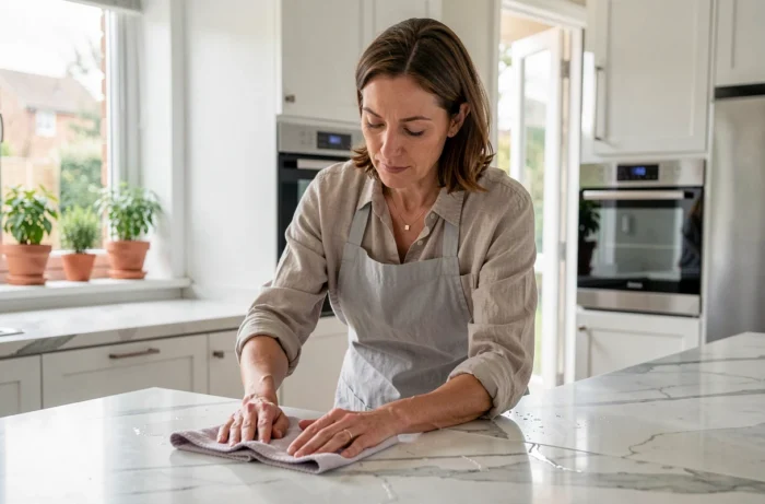 Femme entretenant le plan de travail de sa cuisine avec un chiffon microfibre, astuces ménage quotidien