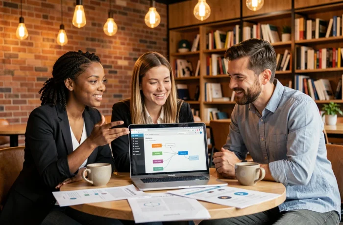 Équipe de professionnels collaborant sur la structure de navigation d'un site B2B autour d'un ordinateur portable dans un espace de coworking