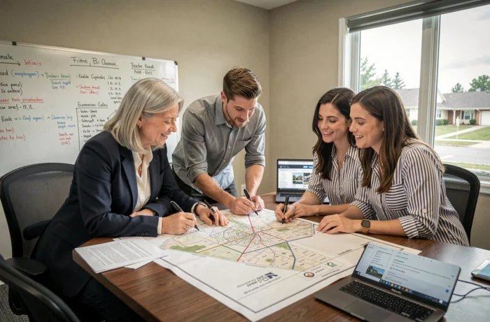 Équipe de professionnels de l'immobilier collaborant autour d'une carte cadastrale pour simplifier une transaction
