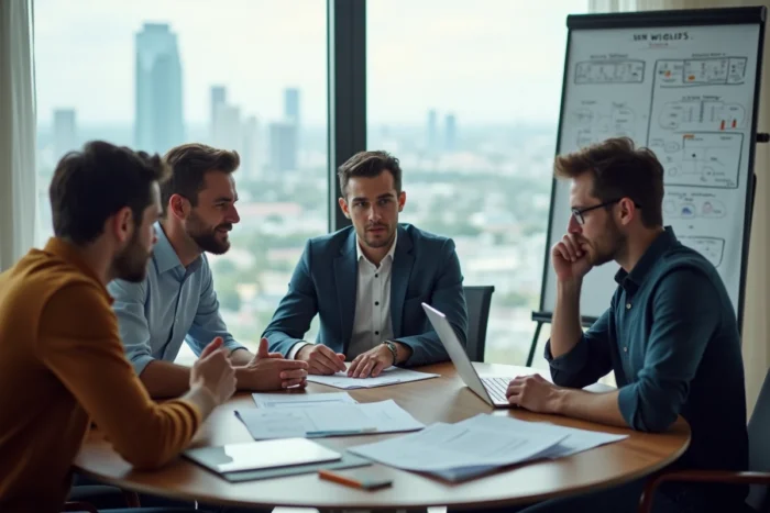 Équipe de professionnels IT collaborant sur une stratégie de sécurité informatique en salle de réunion