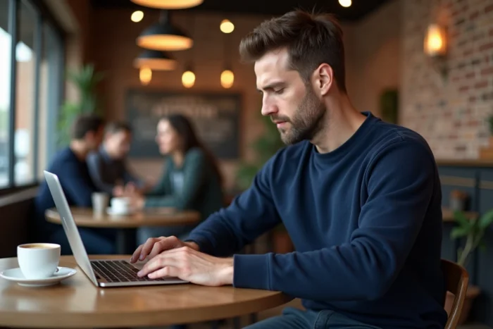 Homme utilisant un ordinateur portable dans un café pour explorer les paramètres de confidentialité d'Instagram