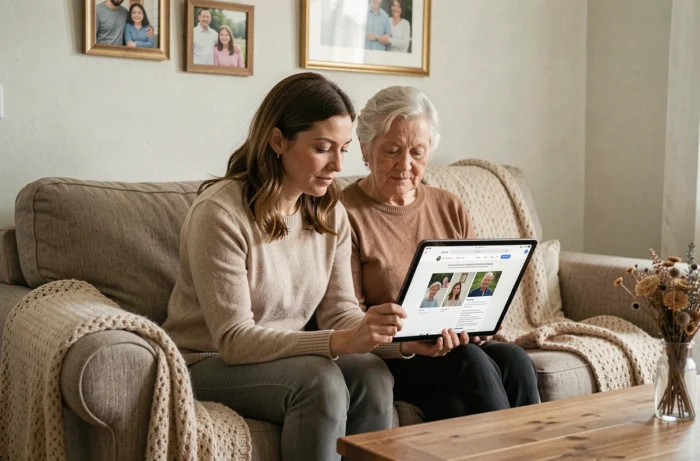 Deux femmes de générations différentes consultant ensemble un avis de décès sur une tablette, représentant l'aspect familial et humain du service Libra Memoria
