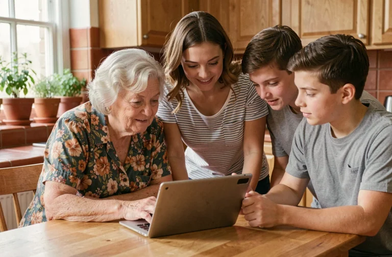 Famille multigénérationnelle réunie autour d'une tablette pour suivre les actualités familiales dans une cuisine chaleureuse