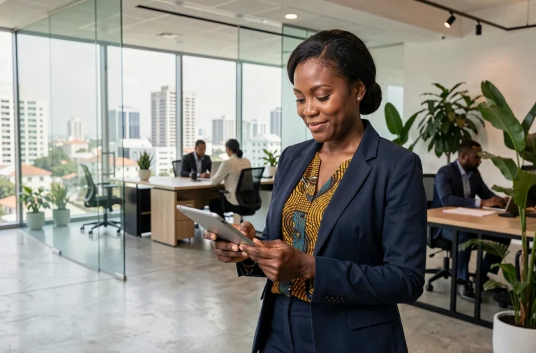 Femme d'affaires ivoirienne en blazer marine consultant une tablette dans un bureau moderne d'Abidjan avec vue sur la ville