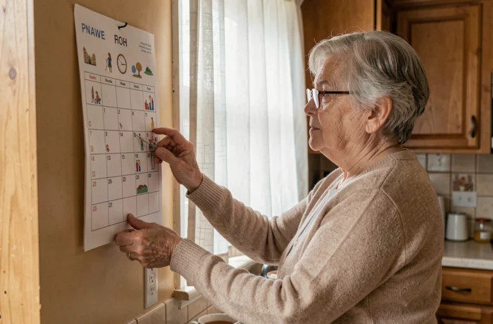 Femme âgée consultant un grand calendrier Alzheimer accroché dans une cuisine chaleureuse