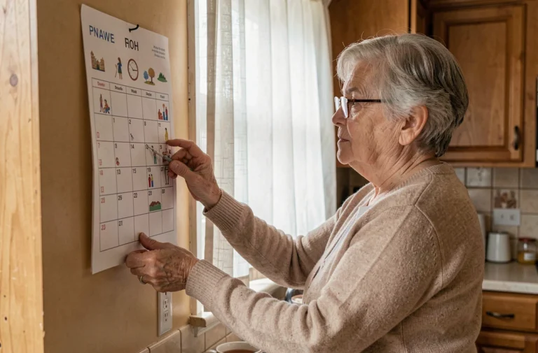 Femme âgée consultant un grand calendrier Alzheimer accroché dans une cuisine chaleureuse