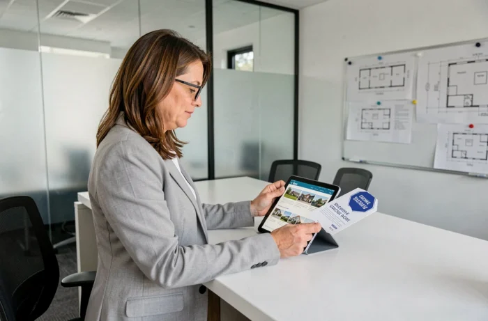 Femme agent immobilier tenant un bon de réduction hexagonal lors d'une consultation d'enchères immobilières sur tablette