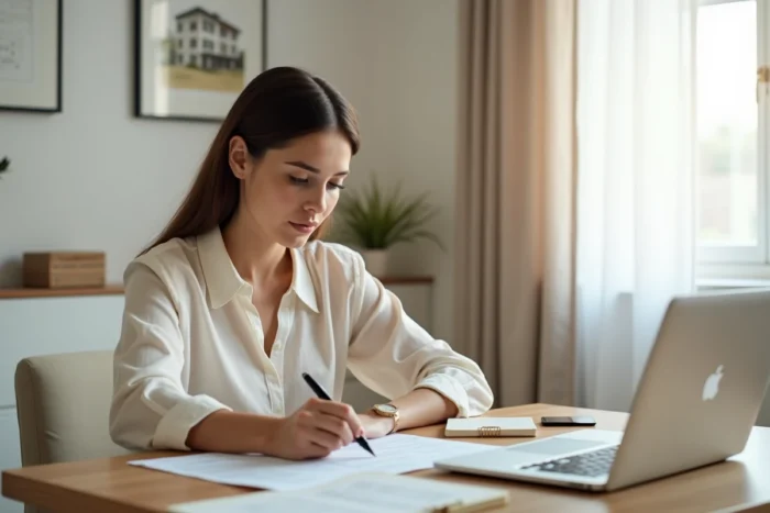 Femme analysant seule un contrat immobilier à son bureau, accompagnée de documents et d'un ordinateur portable