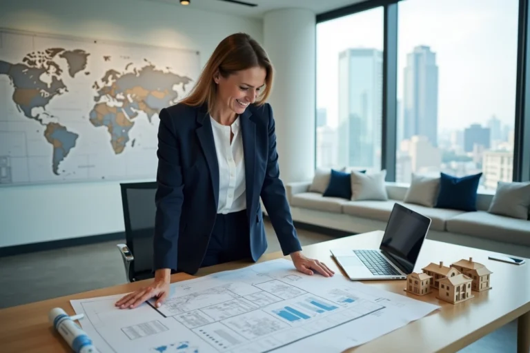 Femme professionnelle analysant des plans immobiliers dans une agence moderne pour un investissement réussi en 2024