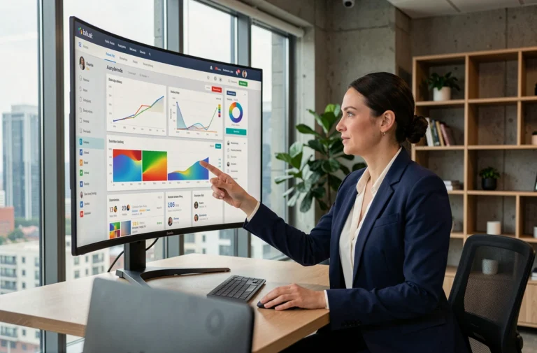Femme professionnelle analysant des statistiques de présence en ligne sur un écran d'ordinateur dans un bureau moderne