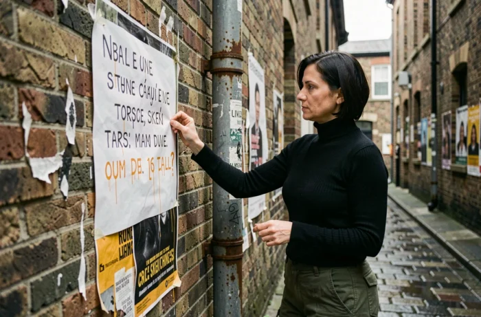 Femme militant anarchiste collant une affiche politique sur un mur de briques dans une ruelle urbaine