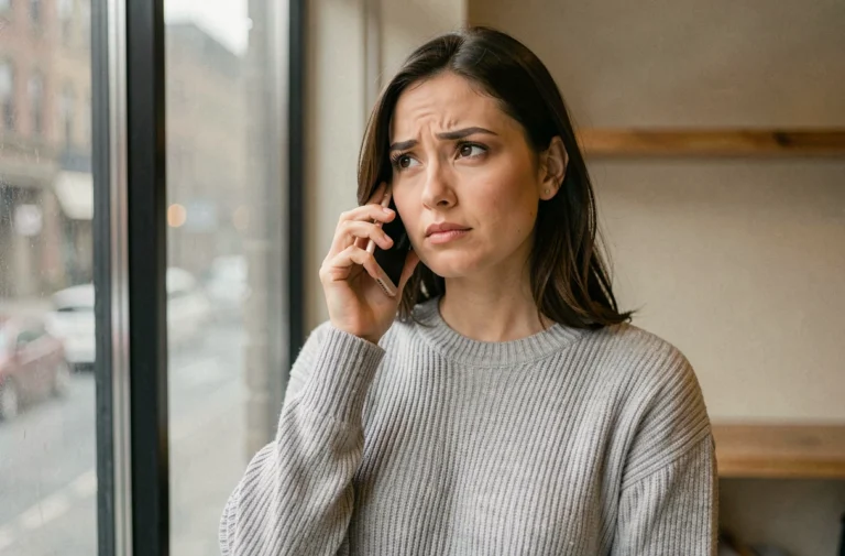 Femme tenant un smartphone et cherchant à passer un appel en PCV depuis son mobile