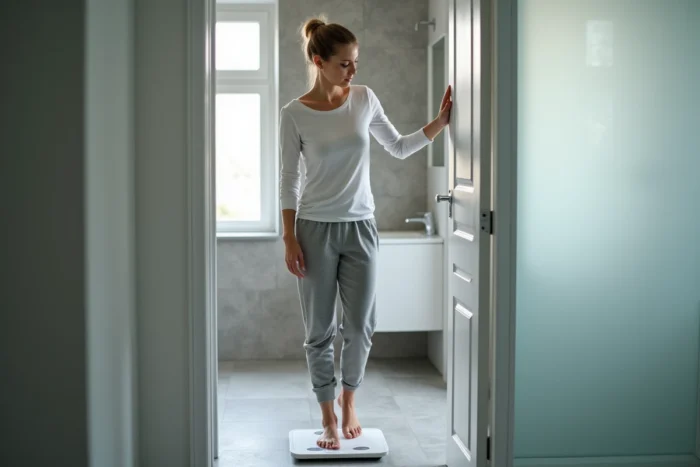 Femme se pesant sur une balance dans sa salle de bain, illustrant la préoccupation liée à la prise de poids médicamenteuse