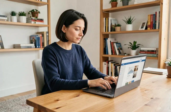 Femme consultant une liste de ressources utiles sur un site web depuis son bureau à domicile