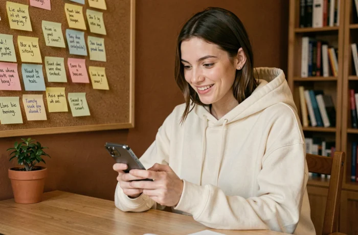 Jeune femme découvrant la signification du mot waslerdoskuwa sur son smartphone dans un bureau à domicile moderne