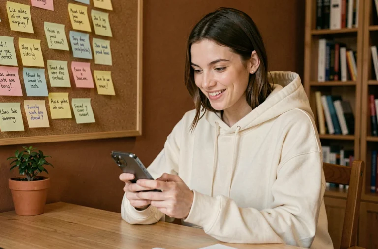 Jeune femme découvrant la signification du mot waslerdoskuwa sur son smartphone dans un bureau à domicile moderne
