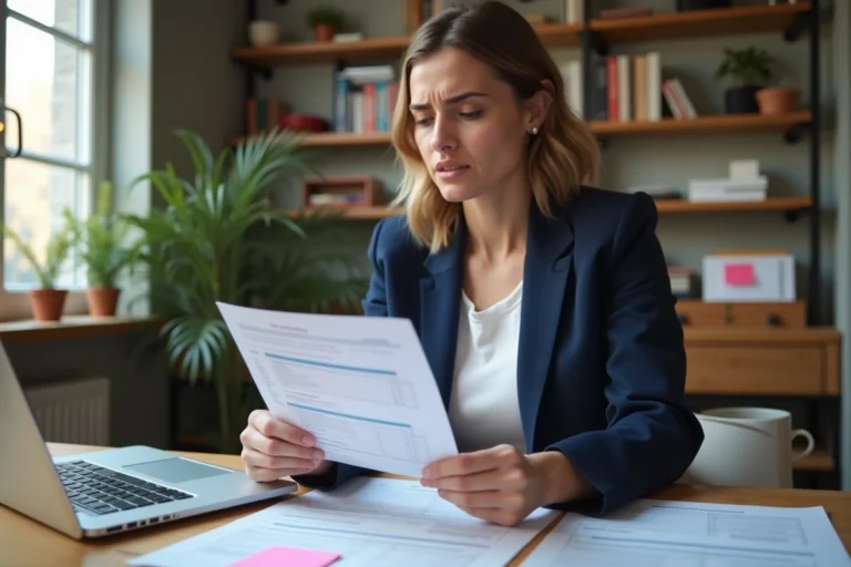 Jeune femme entrepreneur qui examine des documents d'aides financières pour créer son entreprise en 2026