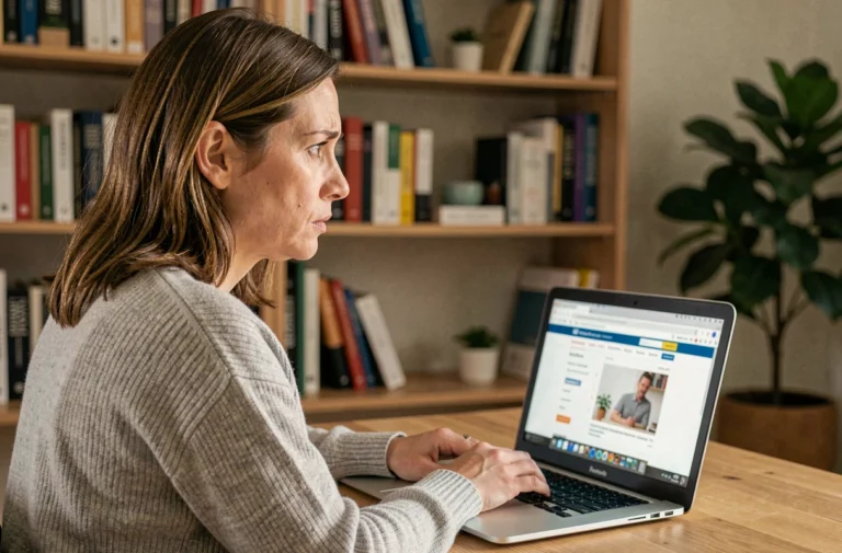 Femme inquiète consultant un site e-commerce suspect sur son ordinateur portable à domicile